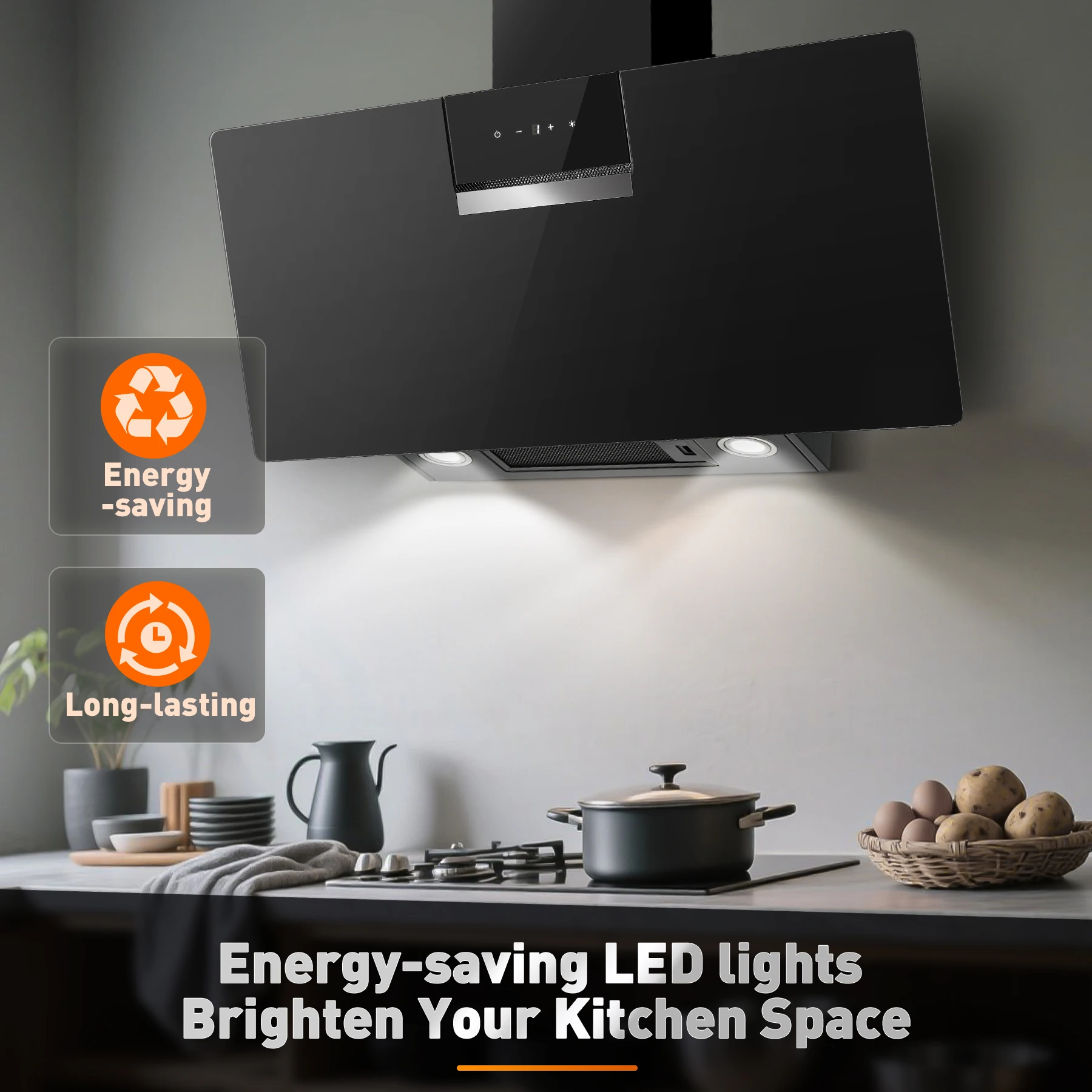 90 cm wandmontierte Dunstabzugshaube 800 m3/h A+++ LED-Touch-Steuerung, schwarzes Glas – Umlauf-/Abluftoption