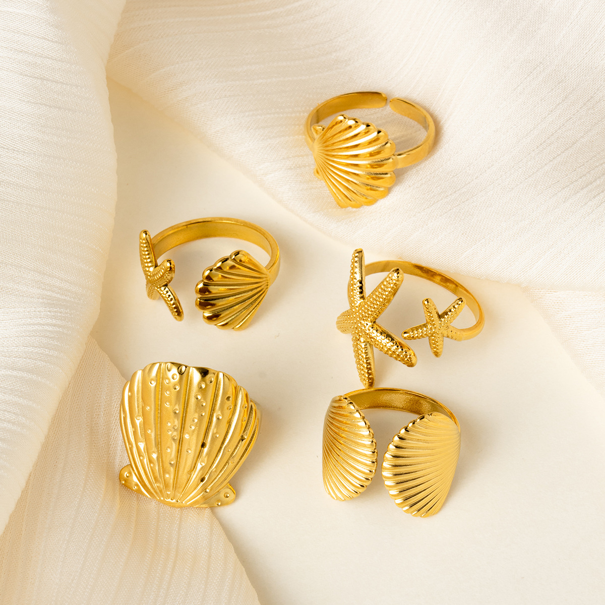 Ocean Elements Ring aus 14 Karat vergoldetem Edelstahl, verstellbarer Öffnungsring in Muschel- und Seesternenform, geeignet als Weihnachtsgeschenk