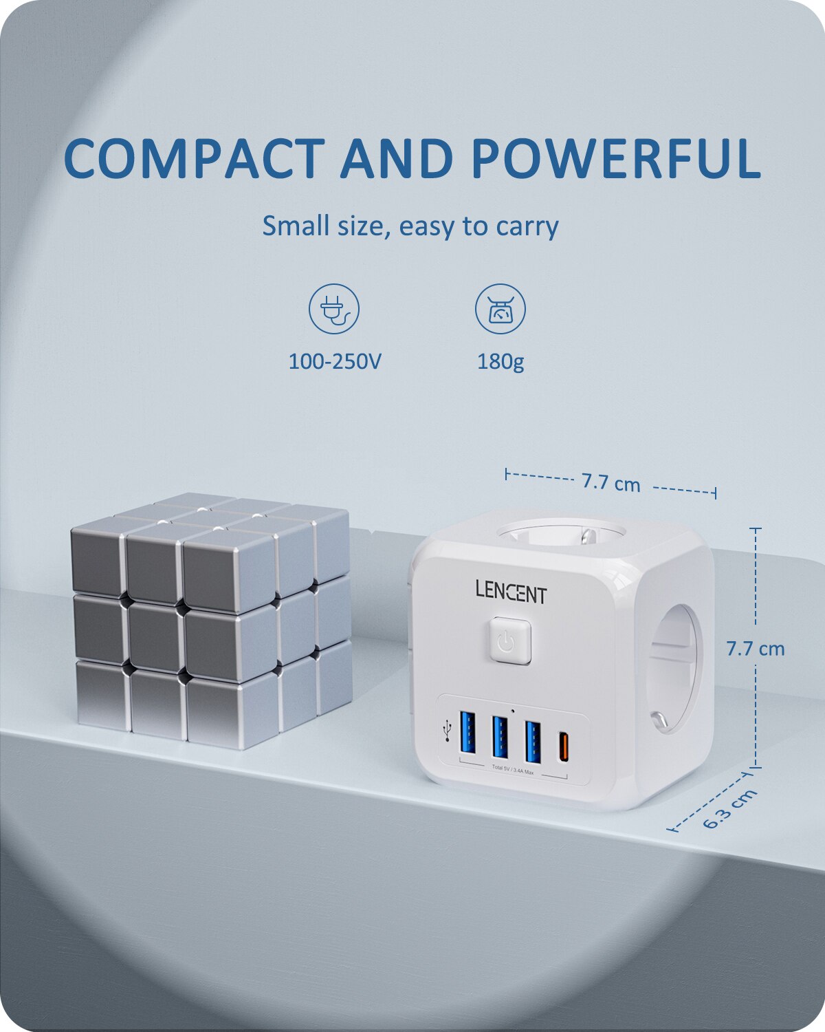 LENCENT 가정용 벽 소켓 확장기, AC 콘센트 3 개, USB 포트 3 개, 타입 C 7-in-1 EU 플러그 충전기, 켜기/끄기 스위치