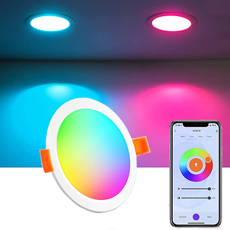 Tuya iluminação embutida inteligente controle de 6 polegadas com aplicativo Smart Life, 12W de alto brilho que muda de cor RGBCW downlight regulável