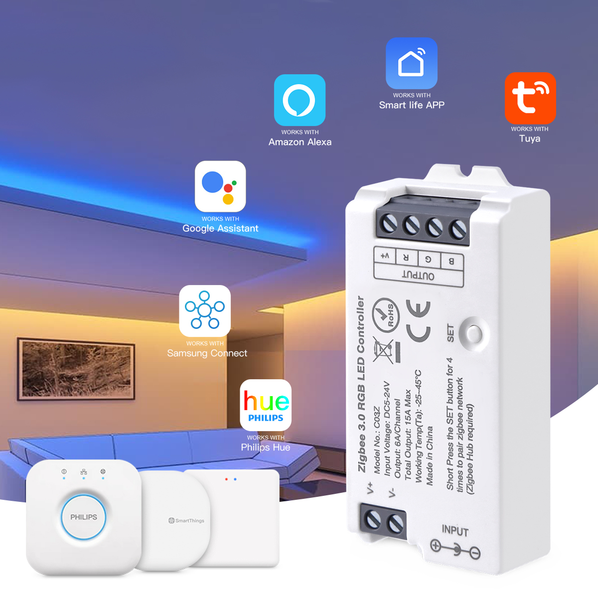 Zigbee 3.0 Smart Home RGB Led Controller,Wifi Switch for 5050/2835 Neon COB Led Tape Dimmer,Dimmable RGBCCT LED Strip Controller