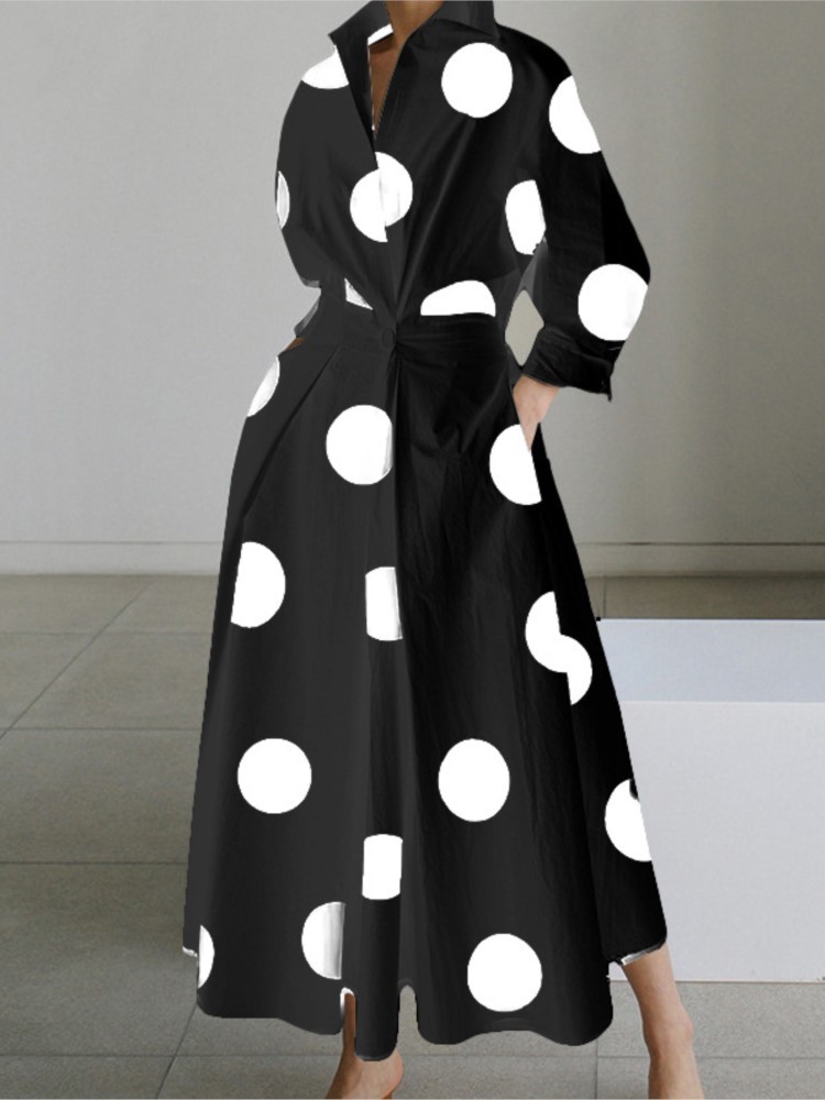 Vestido de otoño de manga larga con estampado de puntos, vestidos largos elegantes para mujer, camisa informal blanca con cuello en V, vestido largo de fiesta para mujer 2024