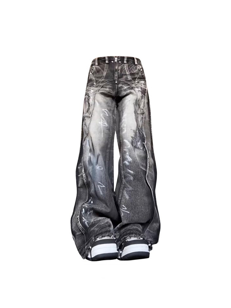ผู้หญิงY2k Graffitiกางเกงยีนส์BaggyความงามVINTAGE OVERSIZEคาวบอยกางเกงHarajuku Streetwear 2000s EmoถังขยะDENIMกางเกง 2024