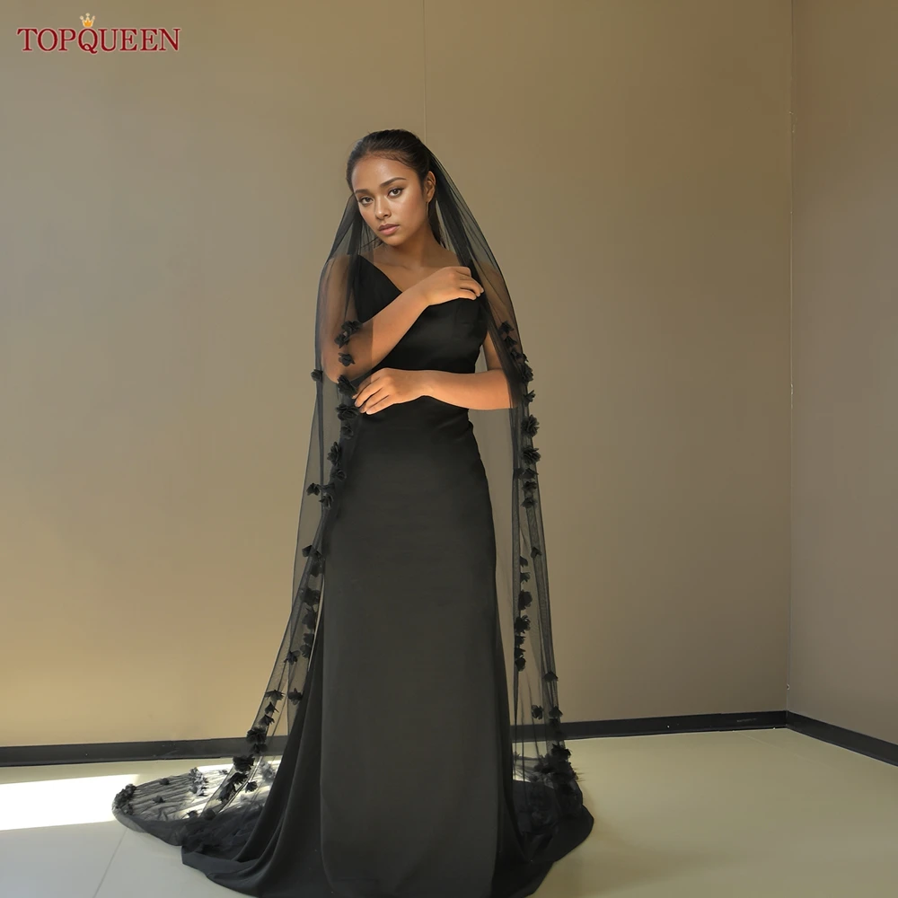 TOPQUEEN kerudung hitam pengantin dengan bunga 3d kerudung pernikahan Katedral 3M mewah penagihan buatan tangan bunga Organza v251