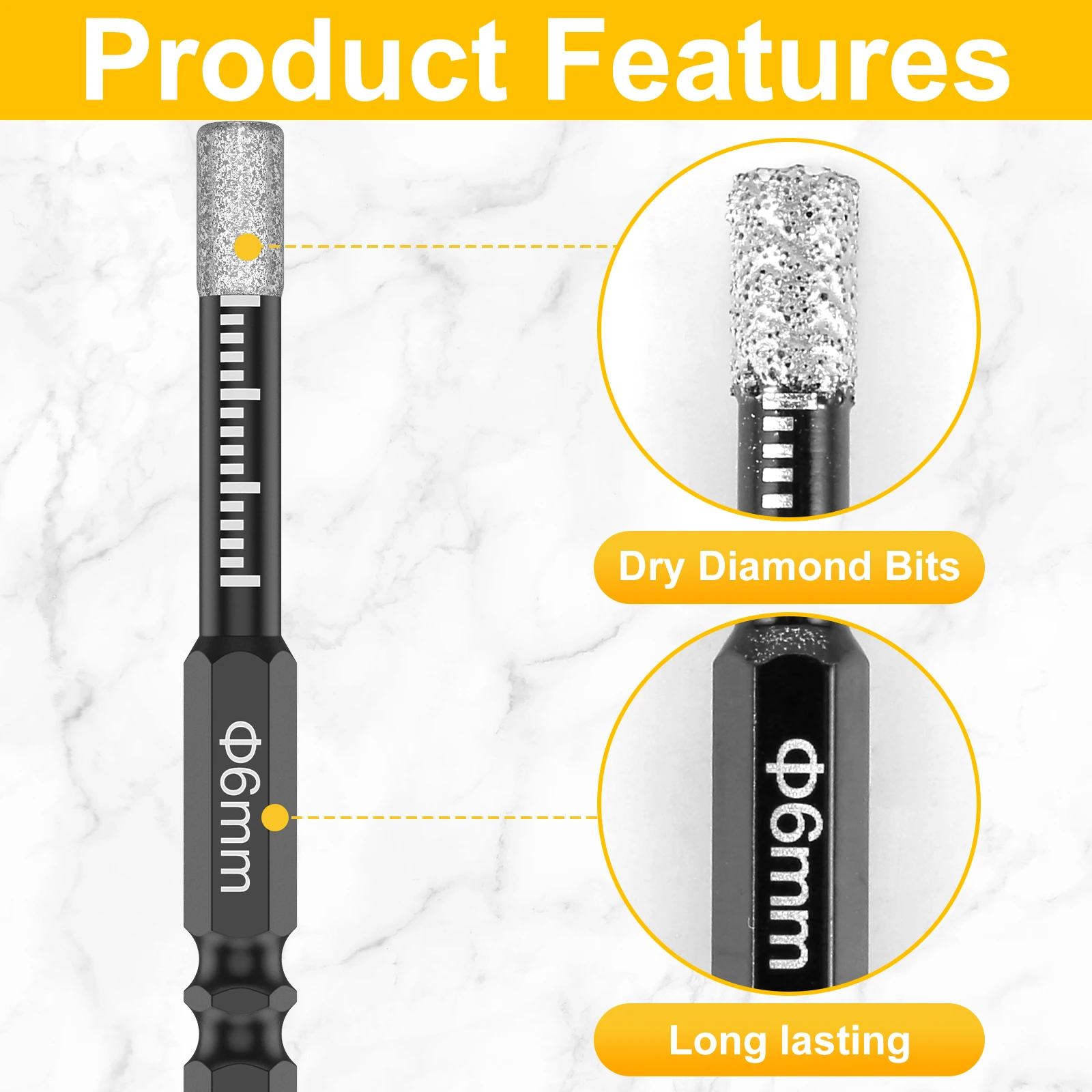 7 ชิ้น 6 มิลลิเมตรแห้งเพชรเจาะชุด Bits สูญญากาศ Brazed Core เจาะชุด Bit Quick Change Hex Shank สําหรับพอร์ซเลนหินแกรนิตกระเบื้องหินอ่อน