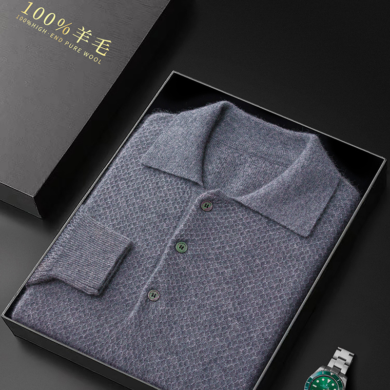 メンズ長袖ポロシャツ,100ピュアウール,ラペル,ハニカム,カシミア,ニット,ビジネス,カジュアル,若者,秋冬