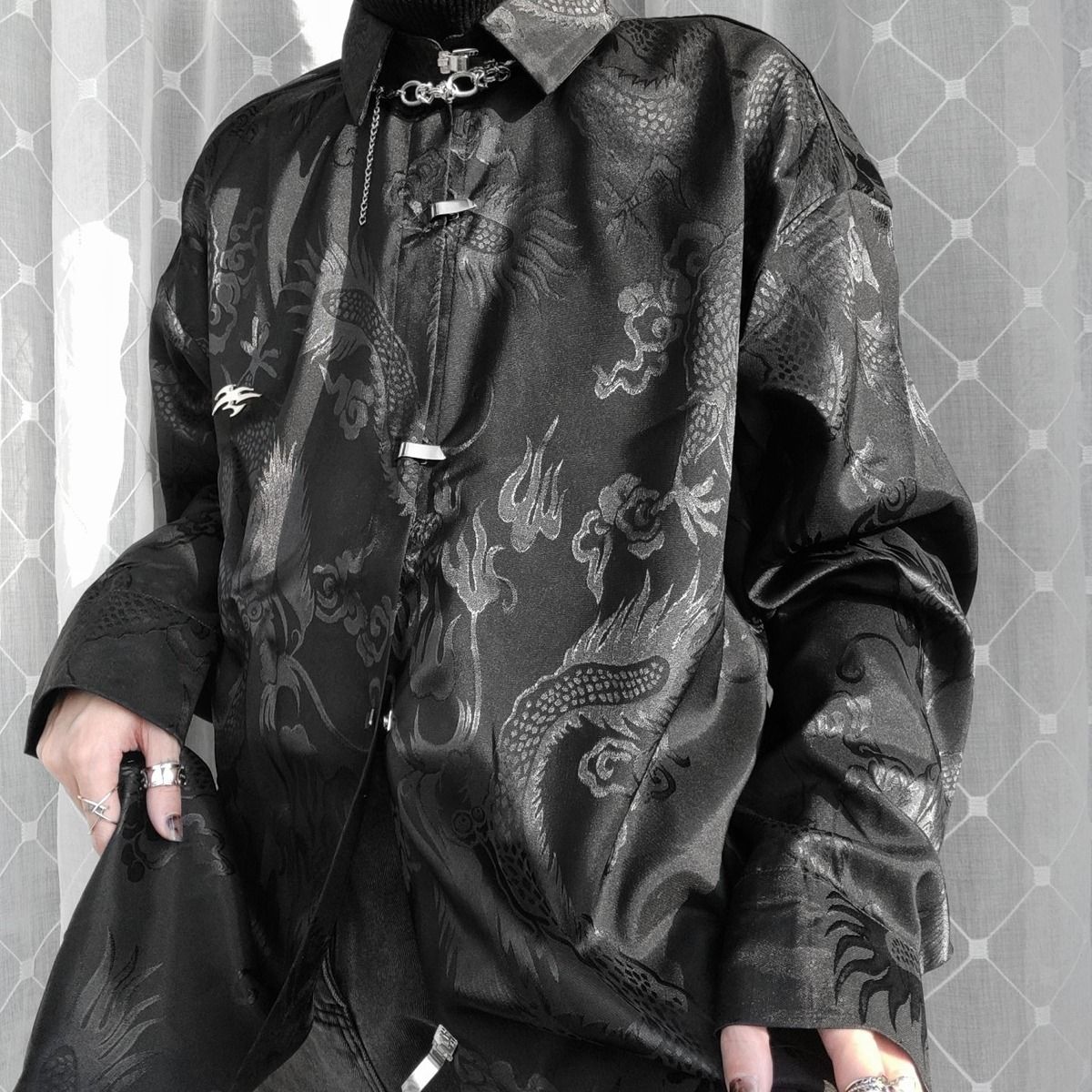Camisa de dragón Jacquard de estilo chino para mujer, ropa de calle, Tops góticos de Hip Hop, camisetas Tang de manga larga, blusas Harajuku de satén