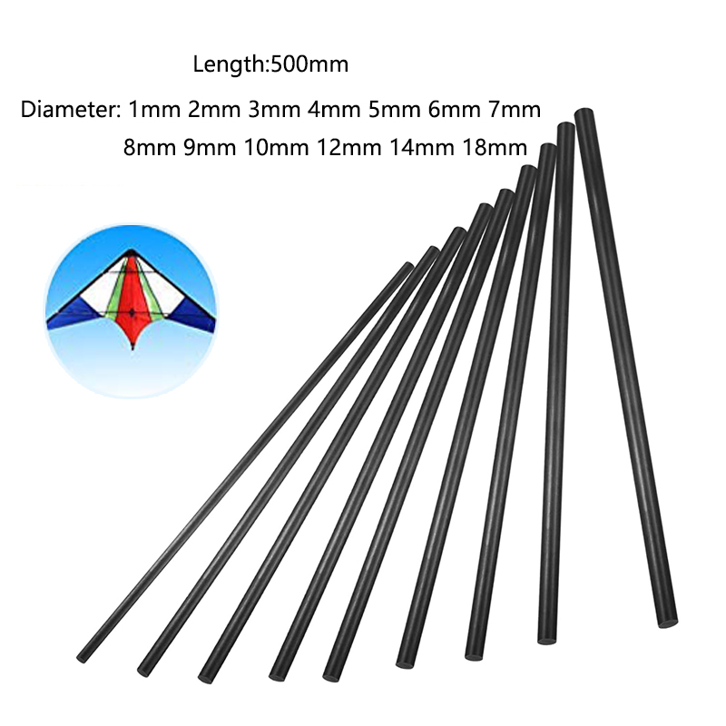 Varillas de fibra de carbono para avión RC, poste mate de 1mm, 2mm, 3mm, 4mm, 5mm, 6mm, 7mm, 8mm, 9mm, 10mm, 12mm-18mm de diámetro, 500mm de longitud, 1/5 Uds.