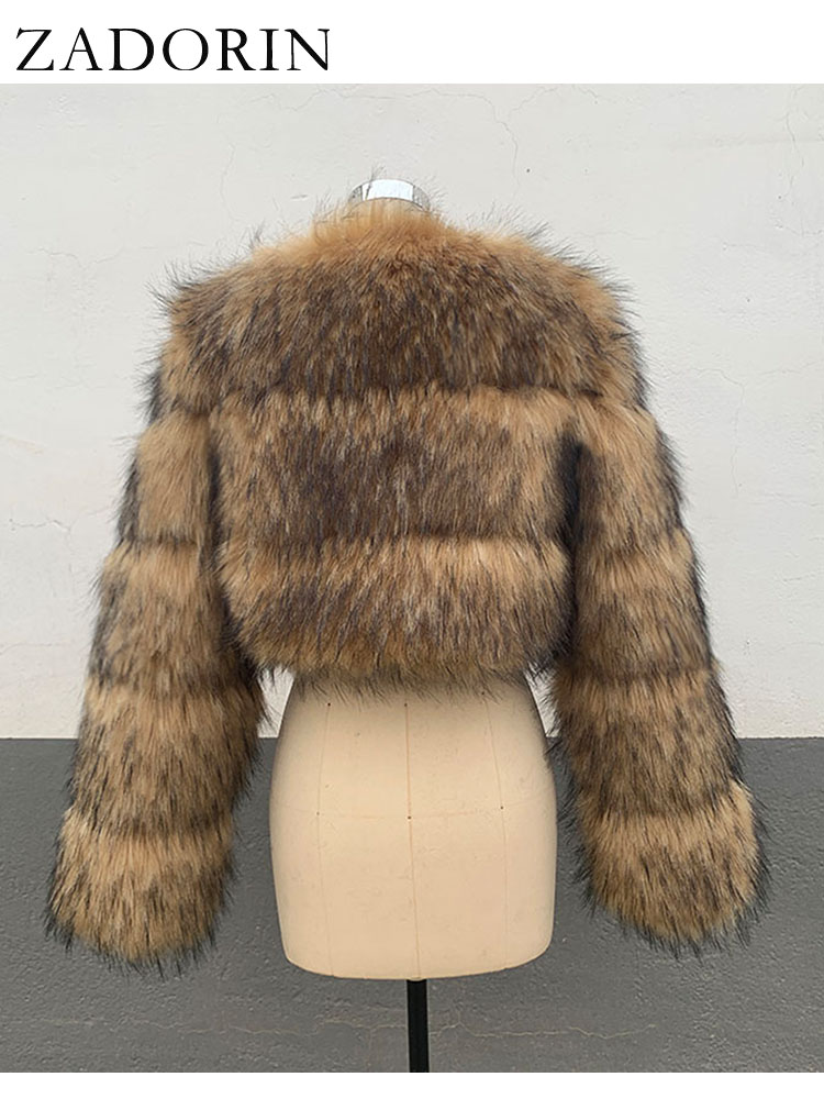ZADORIN-Manteau court en fausse fourrure de raton laveur pour femme, col rond, manches longues, moelleux, veste courte en fausse fourrure, haut court, haute qualité, mode hivernale