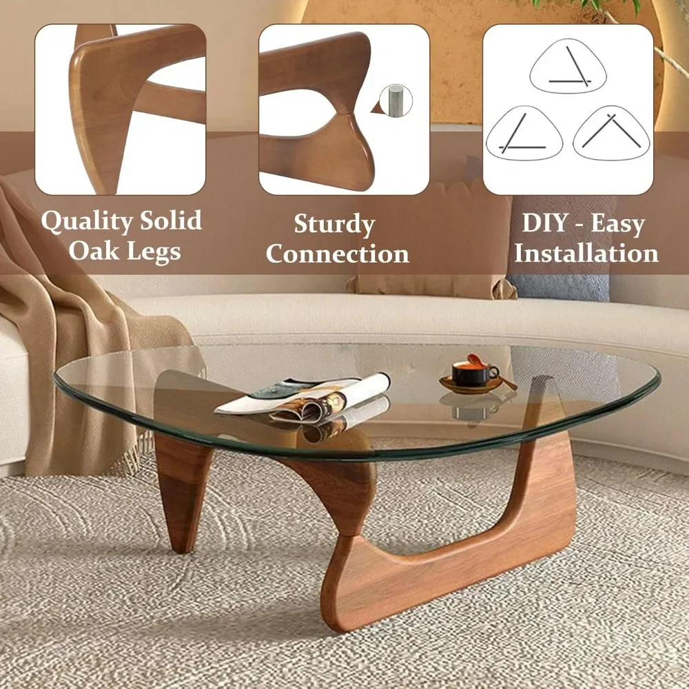 Mesa de centro para sala de estar, mesa de centro de vidrio triangular con base de madera, mesa auxiliar abstracta moderna medieval
