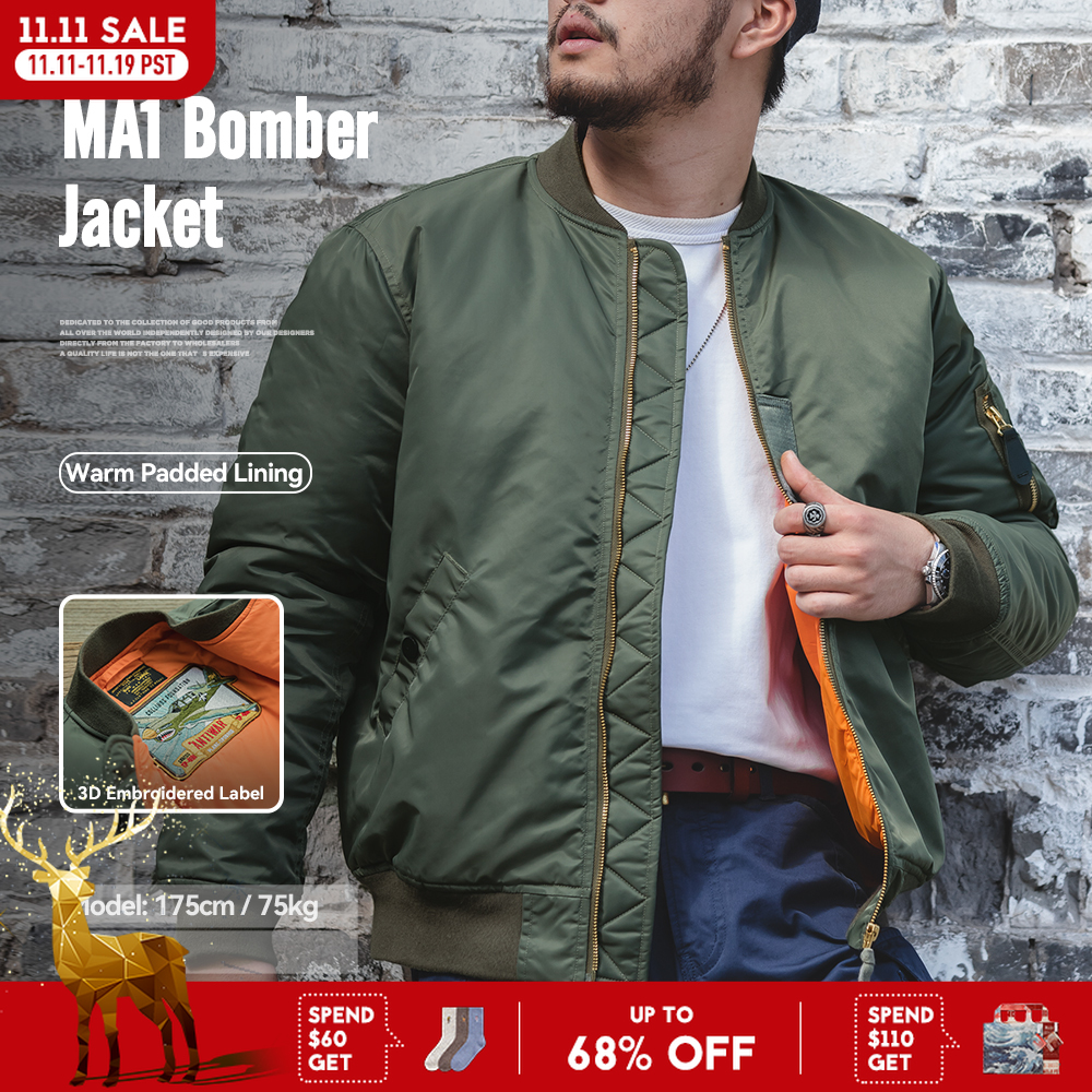 Maden Vintage MA1 Pilotenjacke, grün, verdickte, mit Baumwolle gefütterte Jacke, lässige Baseballtaschen, Flugreißverschluss, Oberbekleidung für Herren im Herbst