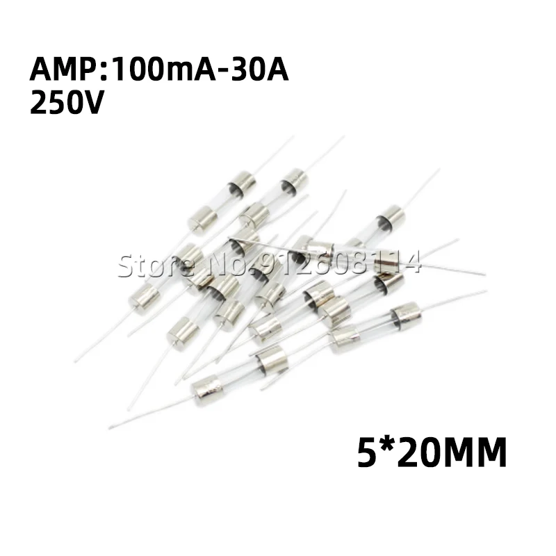 20 個 5*20 ミリメートルガラスヒューズ 250V 0.5A 1A 1.5A 2A 3A 3.15A 4A 5A 6.3A 8A 10A 15A 25A 鉛ガラスヒューズチューブ