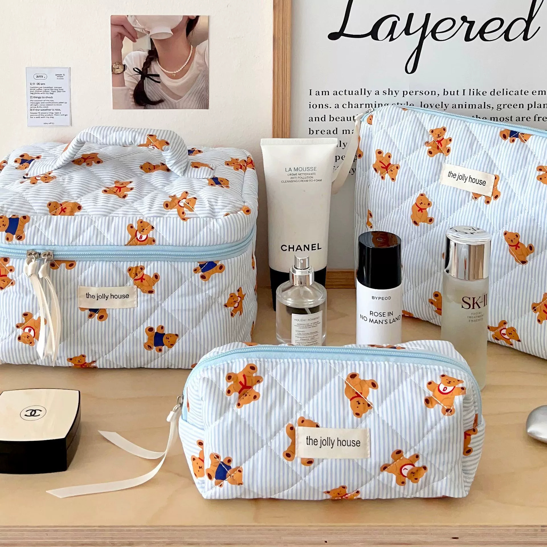 Косметичка с милым медведем, многослойный органайзер для косметики с отделениями на молнии, портативная дорожная косметичка для женщин и девочек