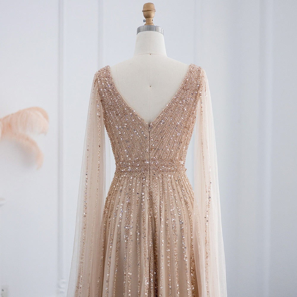 ベラシャンパングリッターイブニングドレス V ネック A ラインのウェディングドレスエレガントな床の長さのロングショールカスタマイズ Vestidos デ フィエスタ