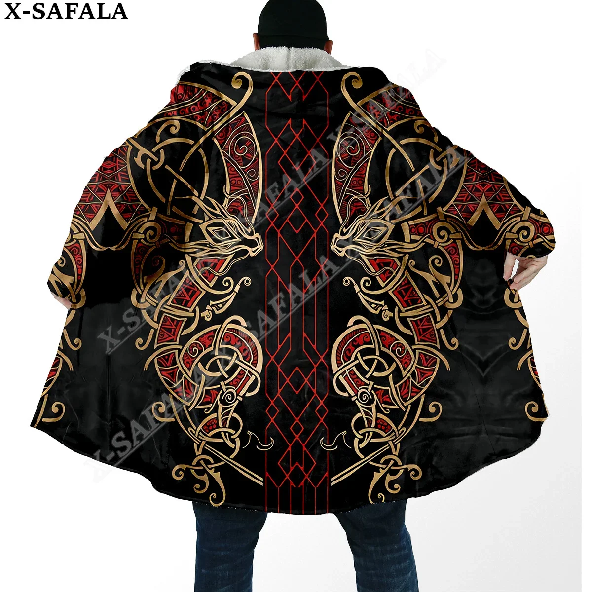 Capa gruesa y cálida con capucha para hombre, abrigo con símbolo de tatuaje vikingo, abrigo con estampado de lana a prueba de viento, informal Unisex, A24