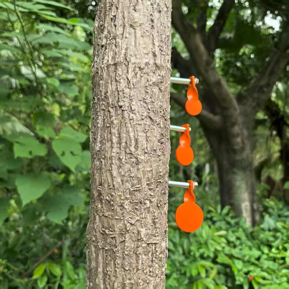 Um conjunto de três alvos de inserção de árvore de metal para prática de tiro com diâmetros de 4 cm, 3 cm e 2,5 cm respectively.