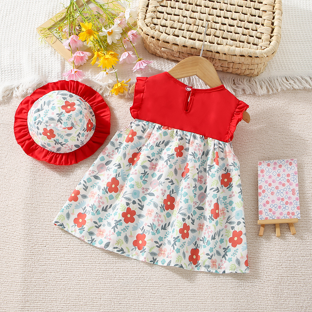 New Summer Baby Girl Floral Dress Girl senza maniche abito da compleanno neonato in puro cotone viene fornito con cappello da sole