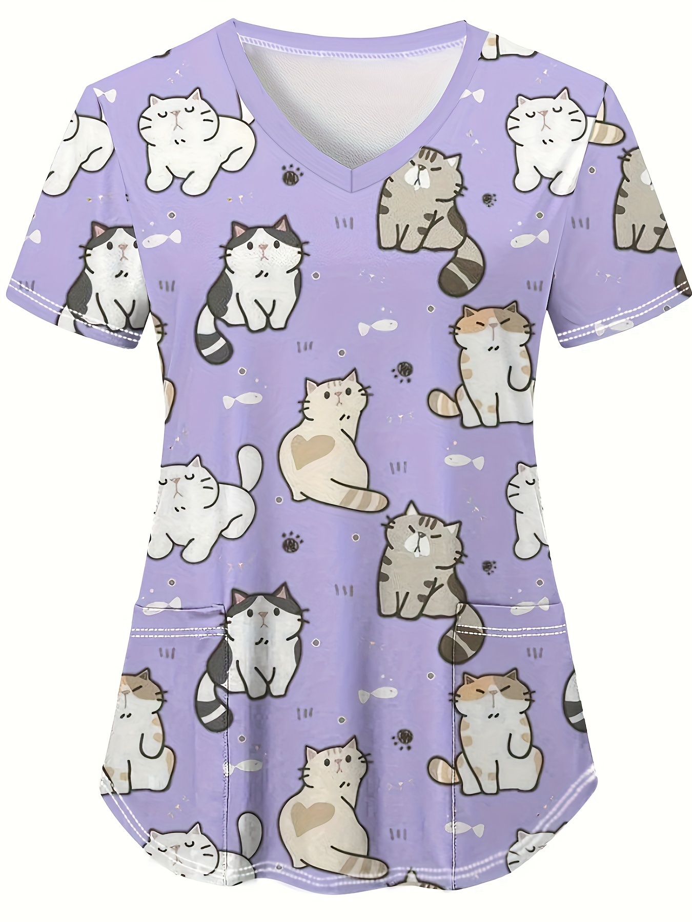 Gato e cão imprimem uniforme médico com decote em v para mulheres, manga curta, tops de bolso, uniformes cirúrgicos, fofos, médicos