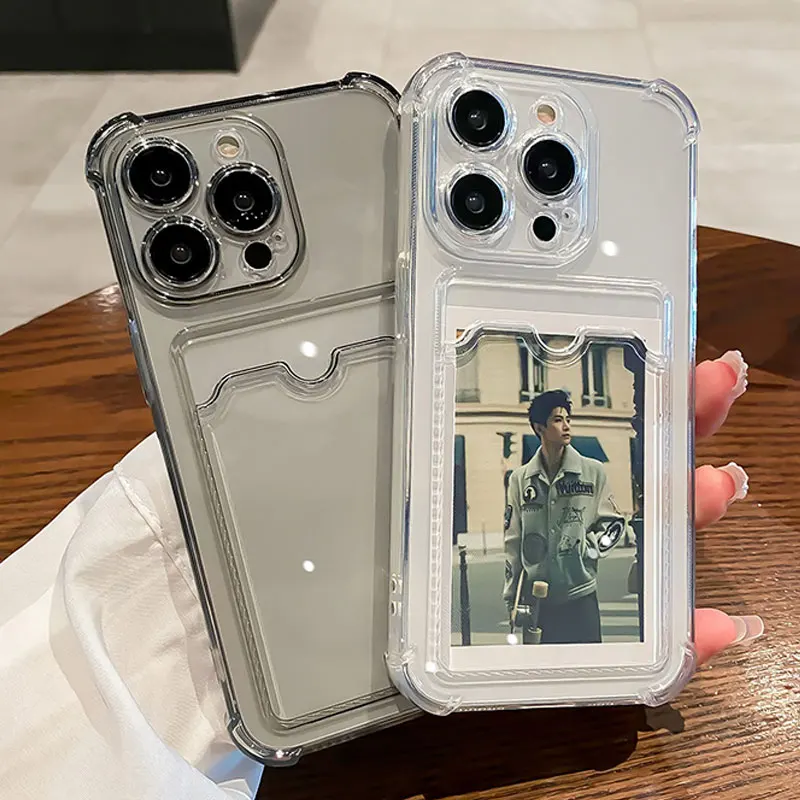 Custodia trasparente con slot per schede per iPhone 16 15 14 13 12 11 Pro X XR XS Max Mini Plus Portafoglio trasparente Cover morbida antiurto