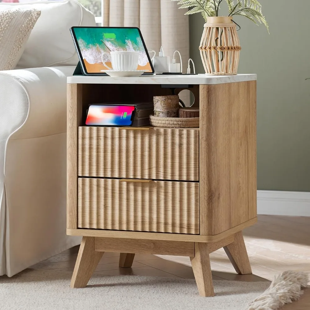 Fluted Nightstand Set of 2 with Charging Station, 18" Modern Side Table with Faux Marble Top, 2 Drawer End Table w/Storage, Bed