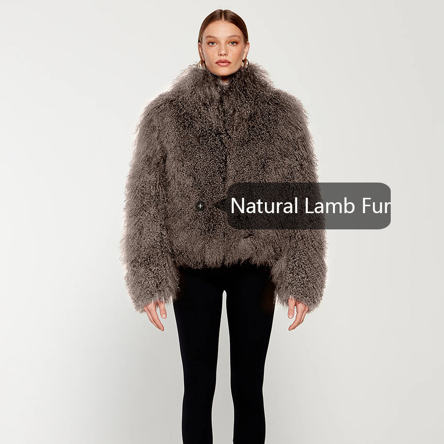 ผู้หญิงขนสัตว์ธรรมชาติเสื้อขนสัตว์มองโกเลียจริง CURLY Lamb FUR Coat สูงฤดูหนาว WARM Cropped FUR JACKET หรูหรา
