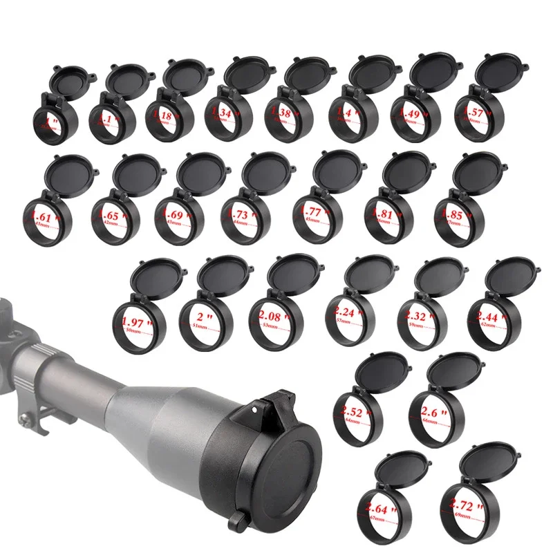 Tapa de cubierta de lente de 28mm y 64mm, cubierta de lente de alcance, tapa de cubierta antipolvo de lente con resorte abatible, gafas de sol de calibre, accesorios de caza