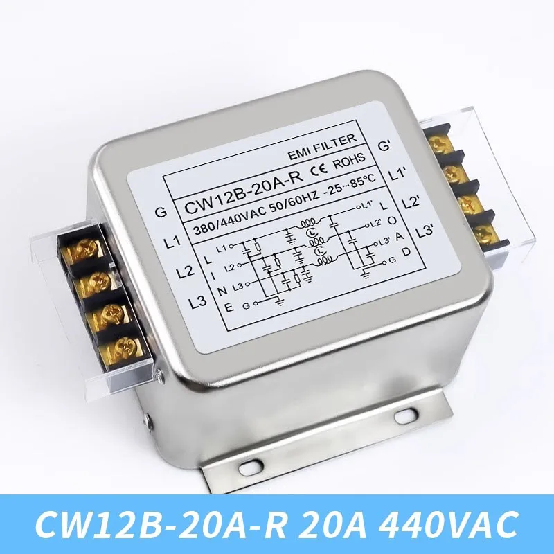 3-phase 3-wire AC power supply EMI filter CW12B-10/20/30A-R 380/440VAC terminal&Guide rail type power purifier Anti-interference