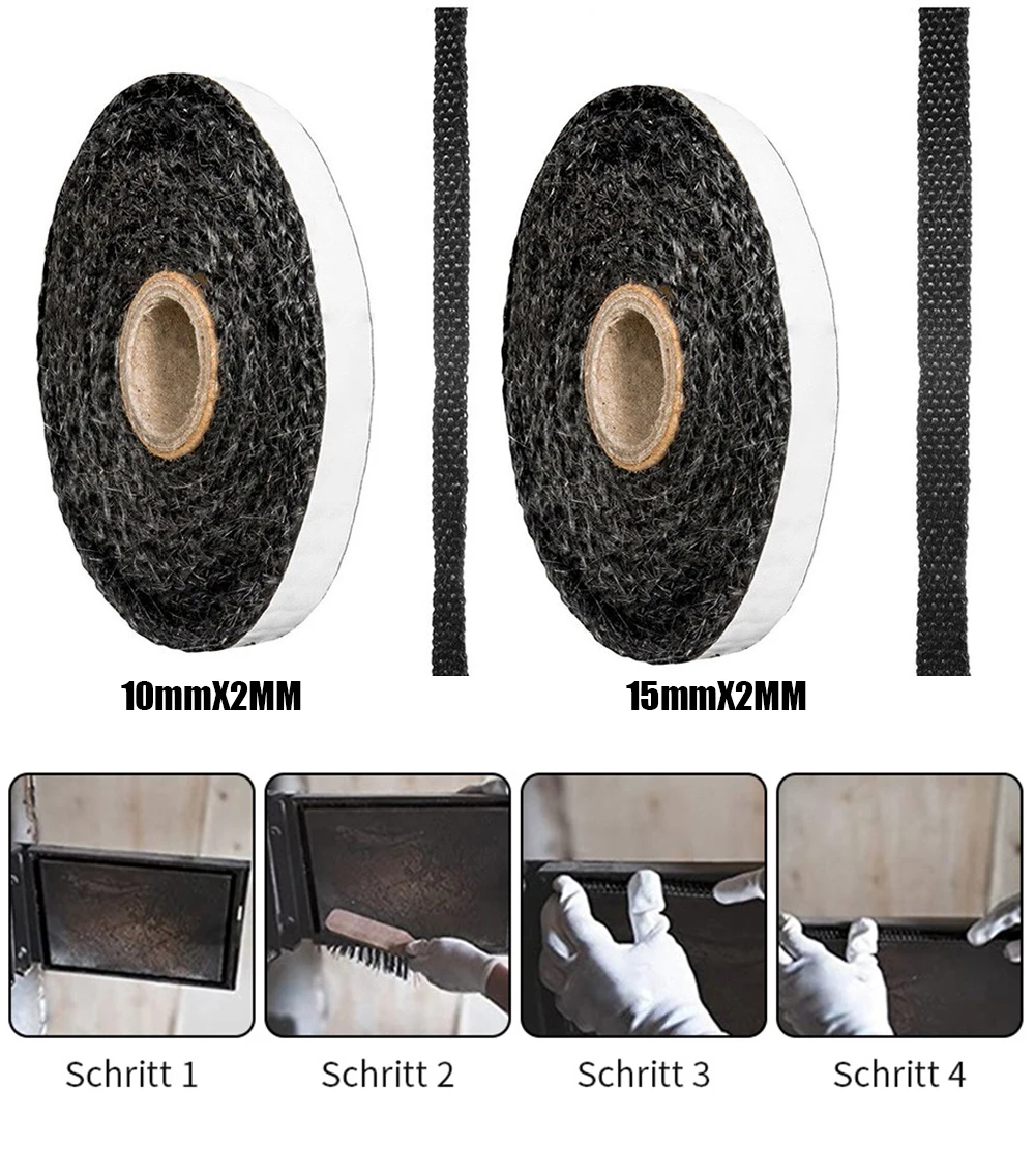 Corda de fogão para queimador de toras, 2/3m, 10/15mm, à prova de fogo, autoadesiva, fibra de vidro, vedação de porta de lareira, substituição, fita de junta, corda de fogo