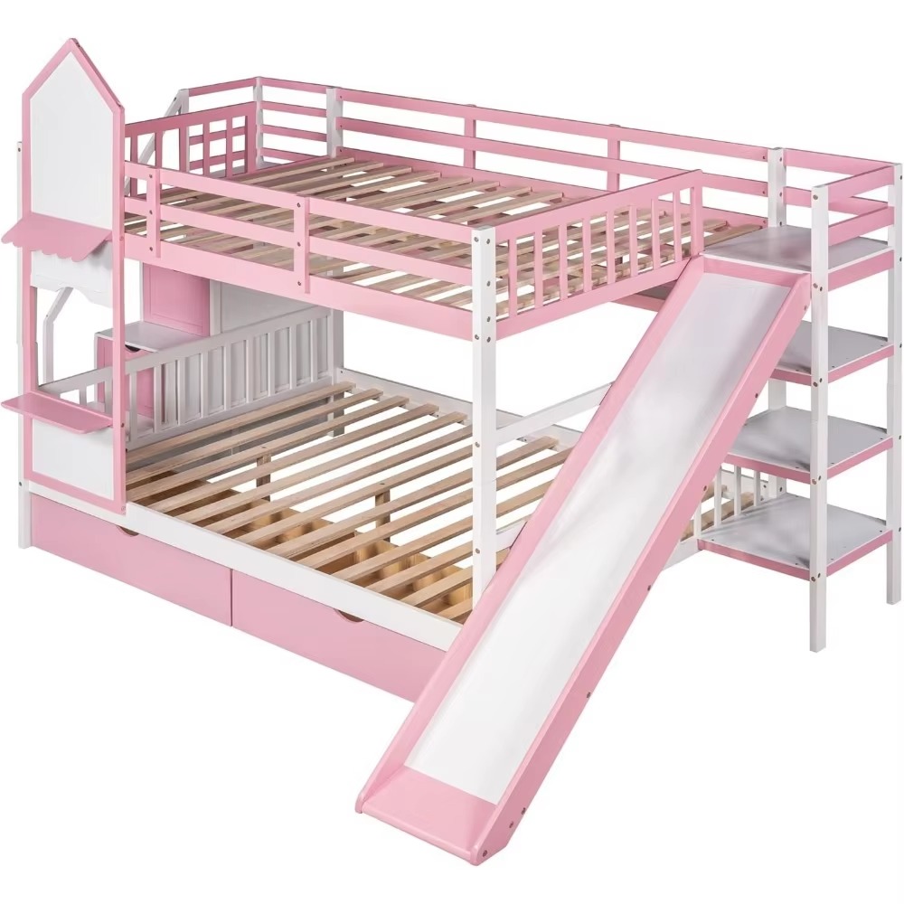 Full-Over-Full Pink Bed,Castle Style Bunk Bed with 2 Drawers and 3 Shelves,Solid Wood Bunk Beds with Slide and Storage Staircase