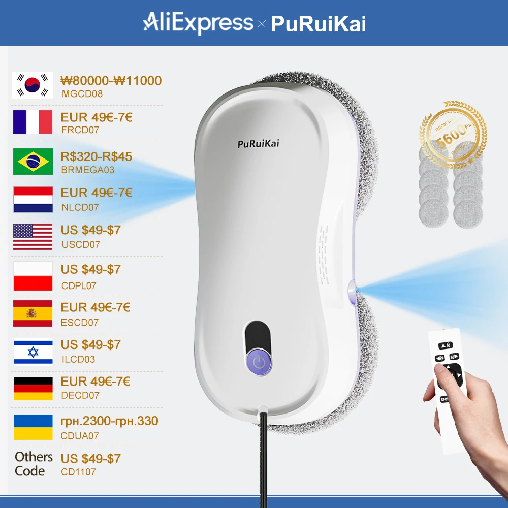 Robô de limpeza de janelas PuRuiKai automático com spray duplo automático 5600Pa sucção controle remoto detecção de borda para casa