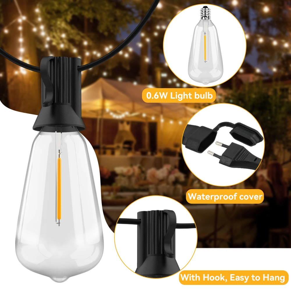 Lichterkette für den Außenbereich, ST38, Terrassen-Hängeleuchten, dekorative Lichterkette für den Garten, mit bruchsicheren LED-Lampen, 2200 K, für den Außenbereich