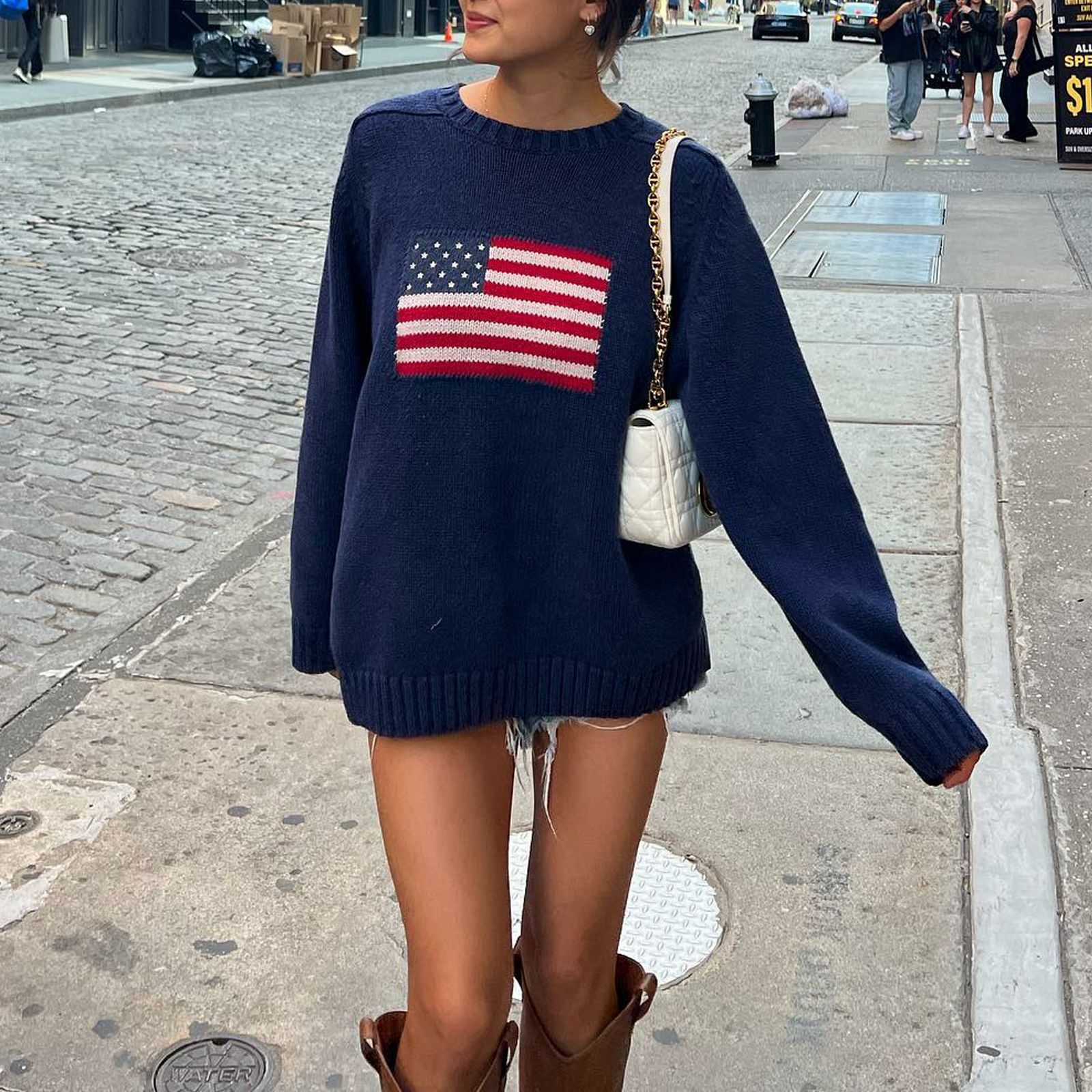 Y2K Langarm Vintage Lose Amerikanische Flagge Pullover Casual Rundhals Lose Fit Stricken Harajuku Pullover Top Strickwaren Streetwear