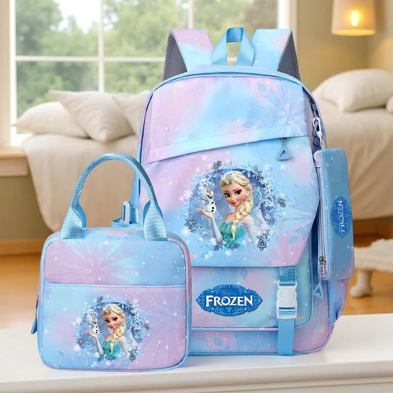 3Pcs Frozen Elsa Backpack Set, Girls School Bag with Lunch Tote & Pencil Case, Durable Nylon Bookbag for Back to School
