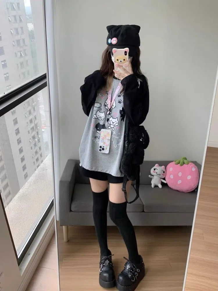 HOUZHOU Y2k, ropa de calle, sudaderas con capucha de retales para mujer, estilo japonés Cuteore Harajuku Kawaii, sudadera holgada con estampado de dibujos animados, sudadera suave para niña