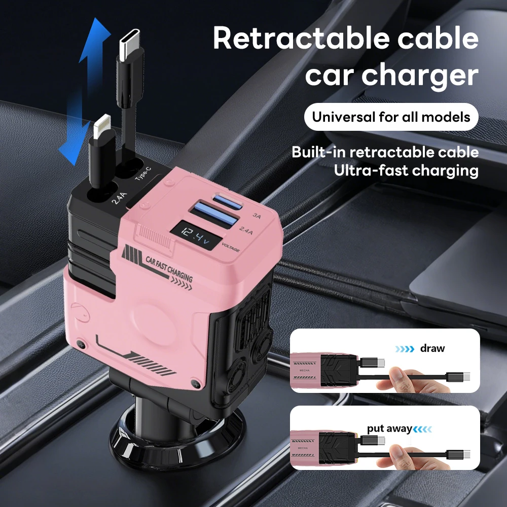100W 4 IN 1 Intrekbare Autolader Mobiele Telefoon USB PD Type C Kabel Voor iPhone Snel Opladen snoer Sigarettenaansteker QC Adapter