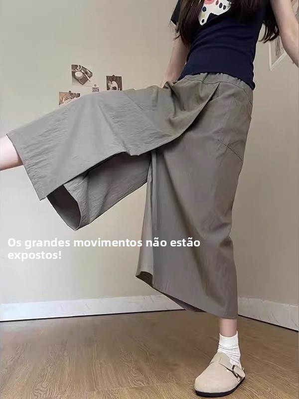 Calças Saia Casuais de Cintura Alta para Mulheres, Estilo Coreano, Largura Solta, Verão, Poliéster