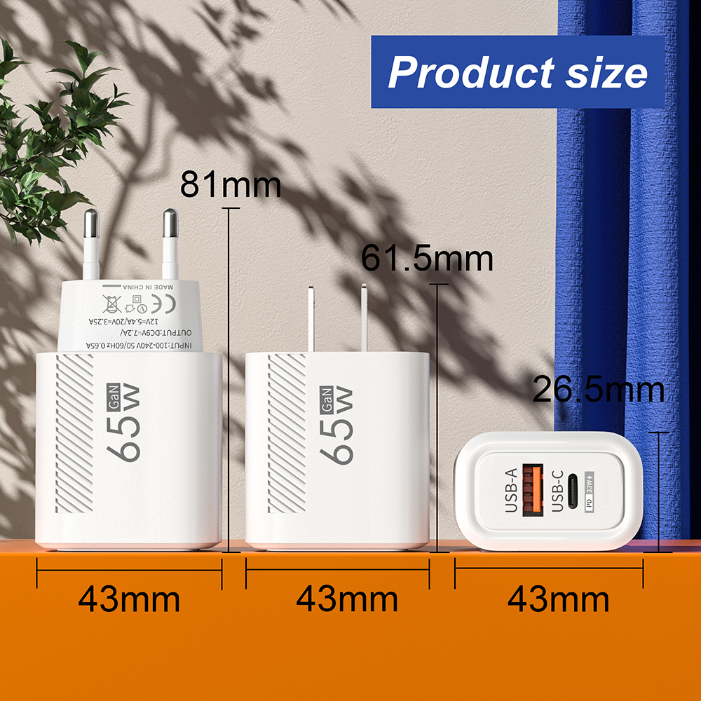 Caricatore USB C totale da 65 W Caricatore da muro GaN a ricarica rapida per iPhone Samsung Xiaomi Adattatore per caricabatterie per telefono con spina UE/USA a ricarica rapida