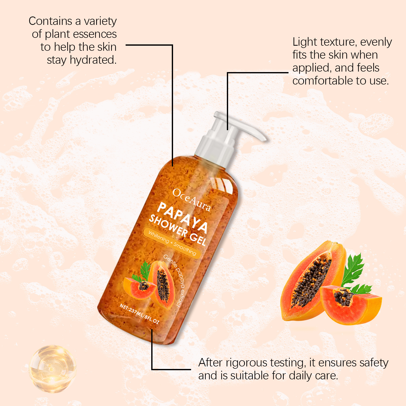 Papaya Shower Gel Whitening Smoothing Cleansing Remove Dirt Fade Pigmentation Rich Foam Lasting Aroma Hydrate Refresh Body Wash
