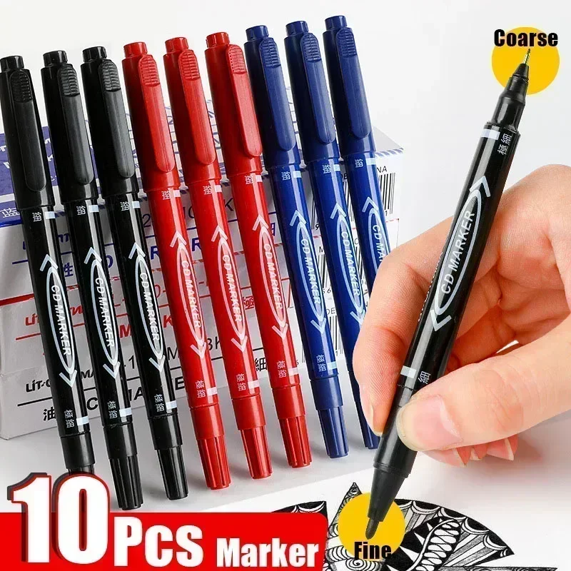 Rotulador permanente de aceite negro/azul/rojo, marcador de doble punta, tinta fina, artículos de papelería, suministros escolares y de oficina, 5/10 Uds.