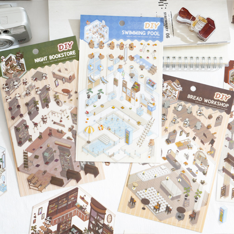 นายกระดาษ, 2 ชิ้น/แพ็ค, ชุดสติกเกอร์ PET, วัสดุตกแต่งสมุดภาพ, เบเกอรี่, ร้านหนังสือ, สติกเกอร์ภูมิทัศน์สถานี