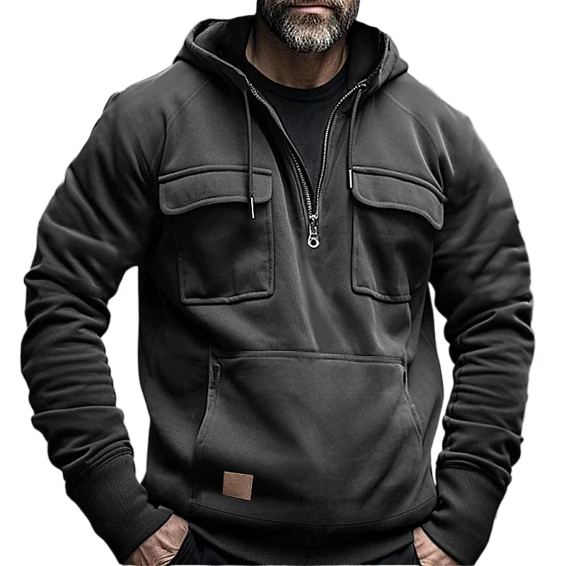 Sudaderas con capucha tácticas de media cremallera para hombre, sudaderas militares de lana sólida y cálida, chaquetas con capucha con múltiples bolsillos para hombre, Polar grueso para exteriores