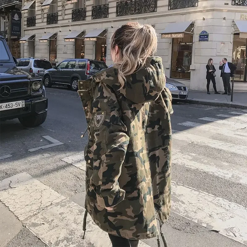 2023 inverno nova camuflagem algodão parkas para mulheres engrossado estilo longo moda versão coreana carga algodão acolchoado casaco roupas