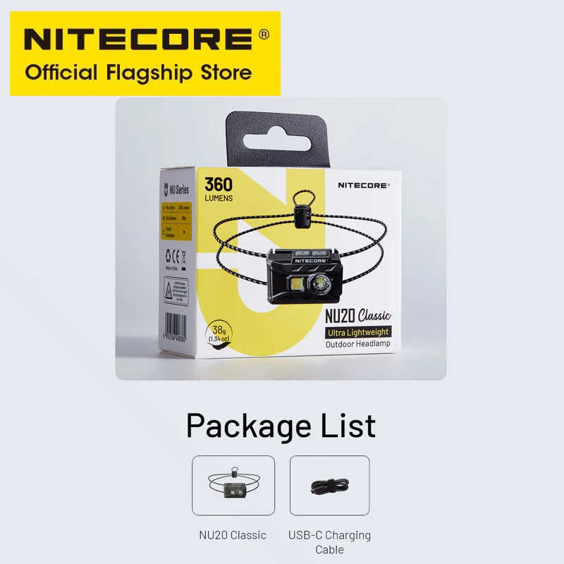 NITECORE NU20 Linterna frontal recargable USB-C clásica 38 g Faro ultraligero para mochilero Camping al aire libre, Trail Running