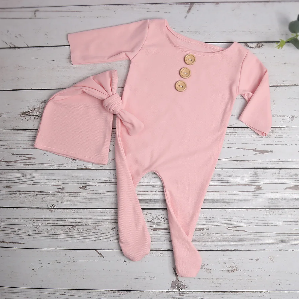Ylsteed ทารกแรกเกิดการถ่ายภาพ Props ปุ่ม Footed Jumpsuit กับ Sleepy หมวกทารก Photo Props Pic Idea