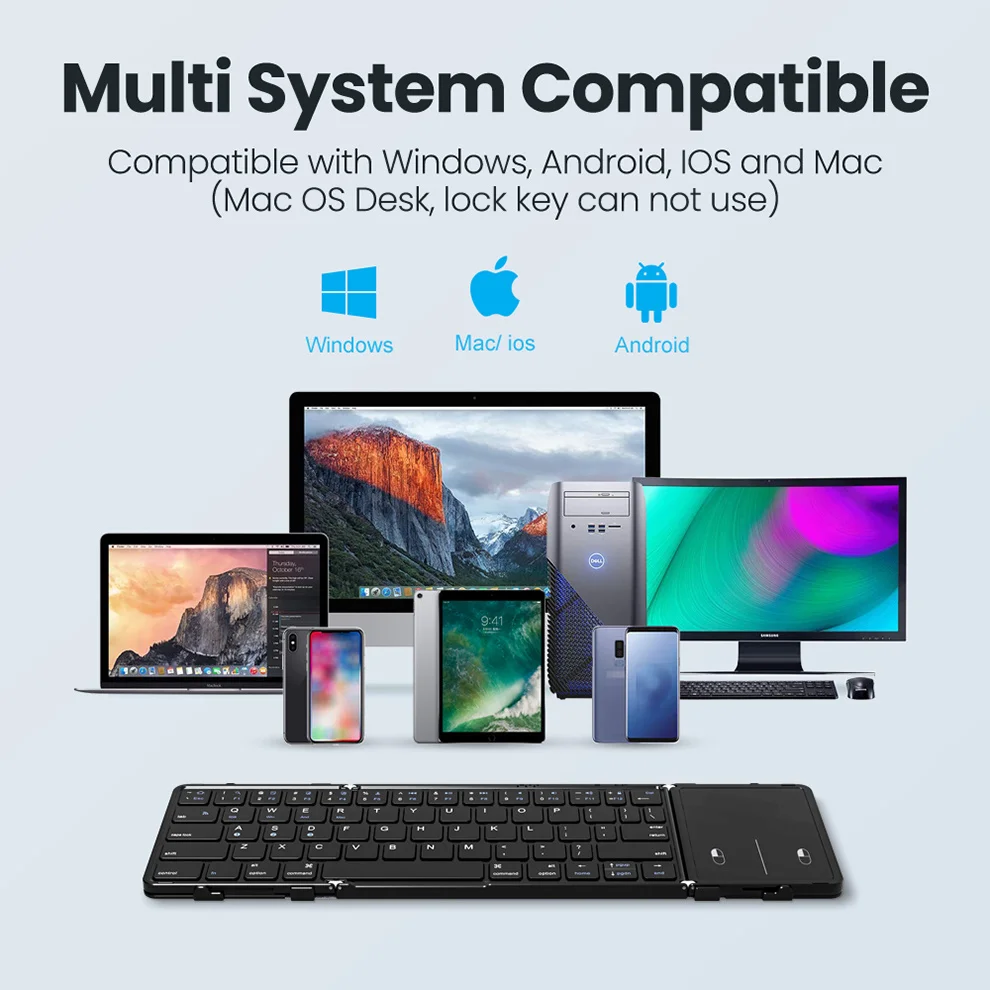 Zusammenklappbare Bluetooth-Tastatur mit Touchpad, kabellose faltbare Tastatur mit PU-Leder für iOS, Android, Windows, unterstützt 3 Geräte
