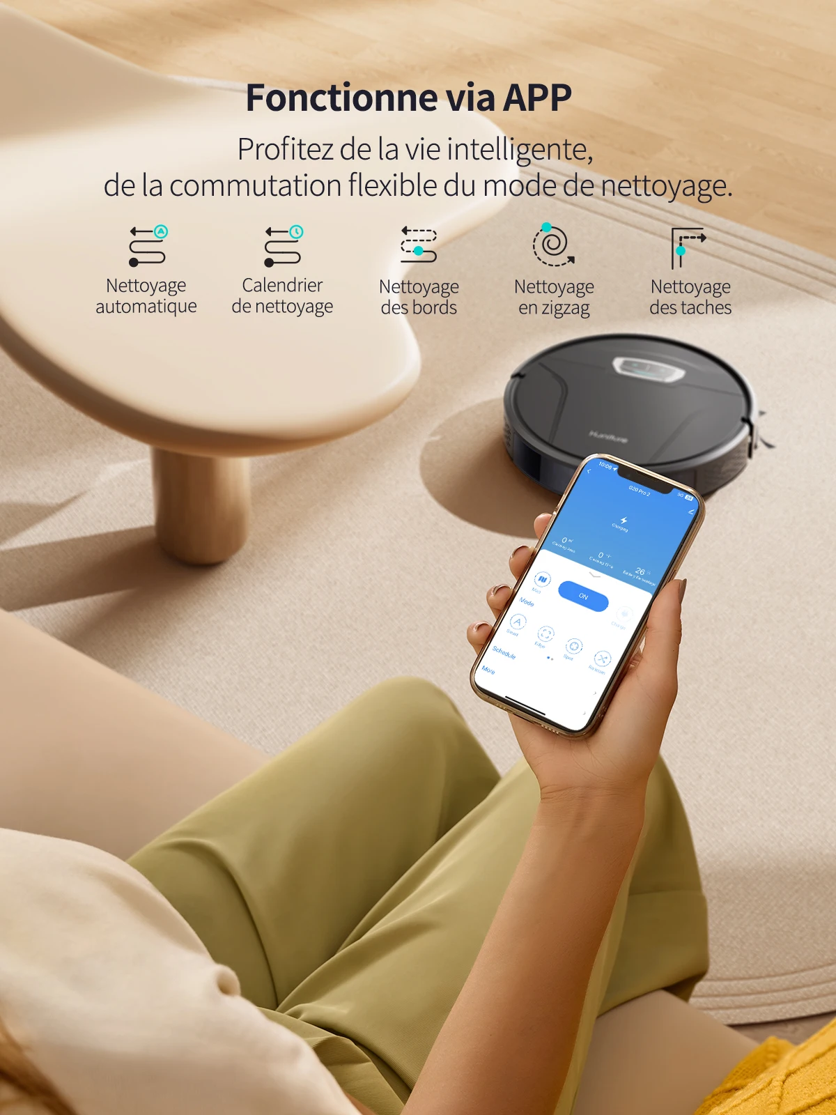 Honiture Aspirateur robot 6000Pa aspiration de bain 3 en 1, application d'auto-chargement, télécommande et voix,