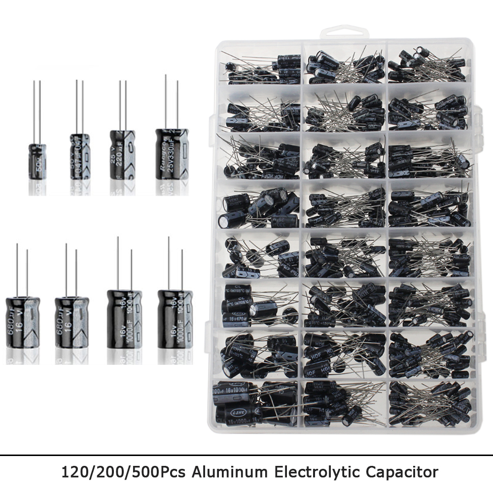 120/200/500 Uds 16V 25V 50V 0,1 uF - 1000 uF condensador electrolítico de aluminio caja surtida 1uF 4,7 uF 10uF 47uF 220uF 330uF 470uF