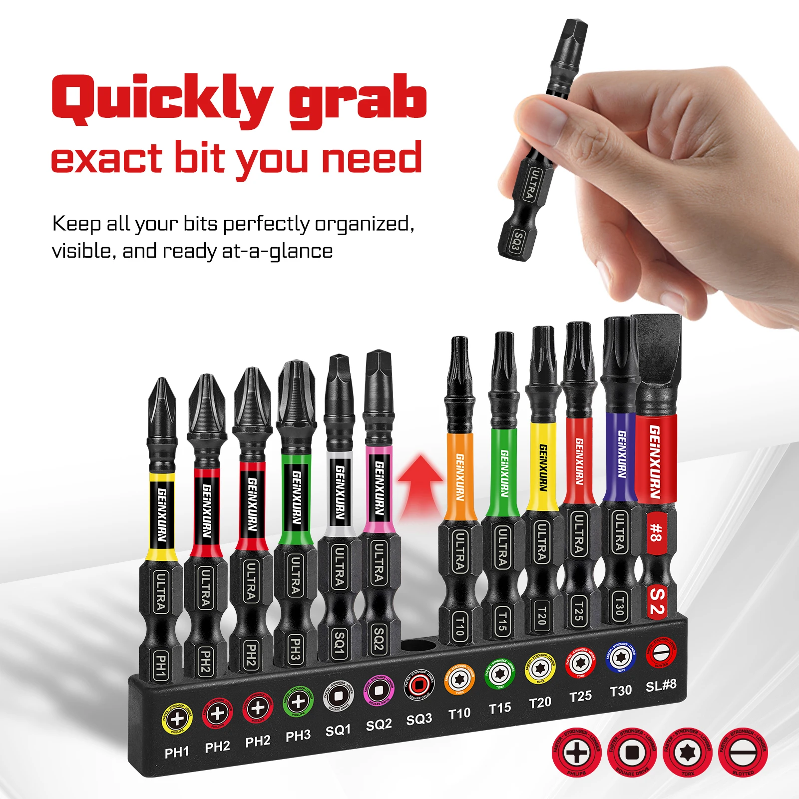 Geinxurn Juego de puntas de destornillador Phillips/cuadrado/ranurado de impacto, juego de puntas de acero S2 magnéticas de 2 pulgadas con base codificada en color, 13 piezas