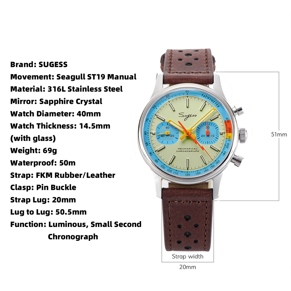 Sugess 1963 reloj piloto para hombre cronógrafo relojes de pulsera mecánicos Original ST1901 movimiento de cuello de cisne cristal de zafiro Racing 2022