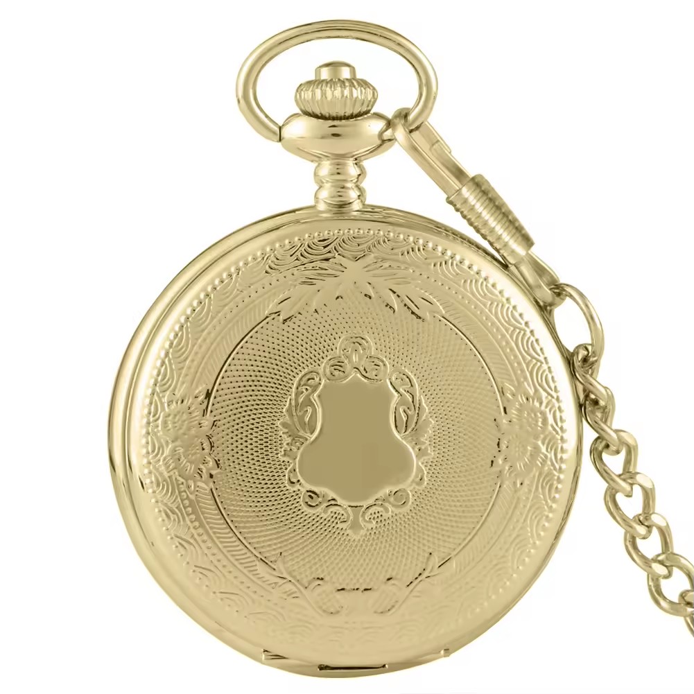 Reloj de bolsillo Vintage Steampunk con colgante de corona y escudo de ratán Floral tallado con cadena para regalo de hombre